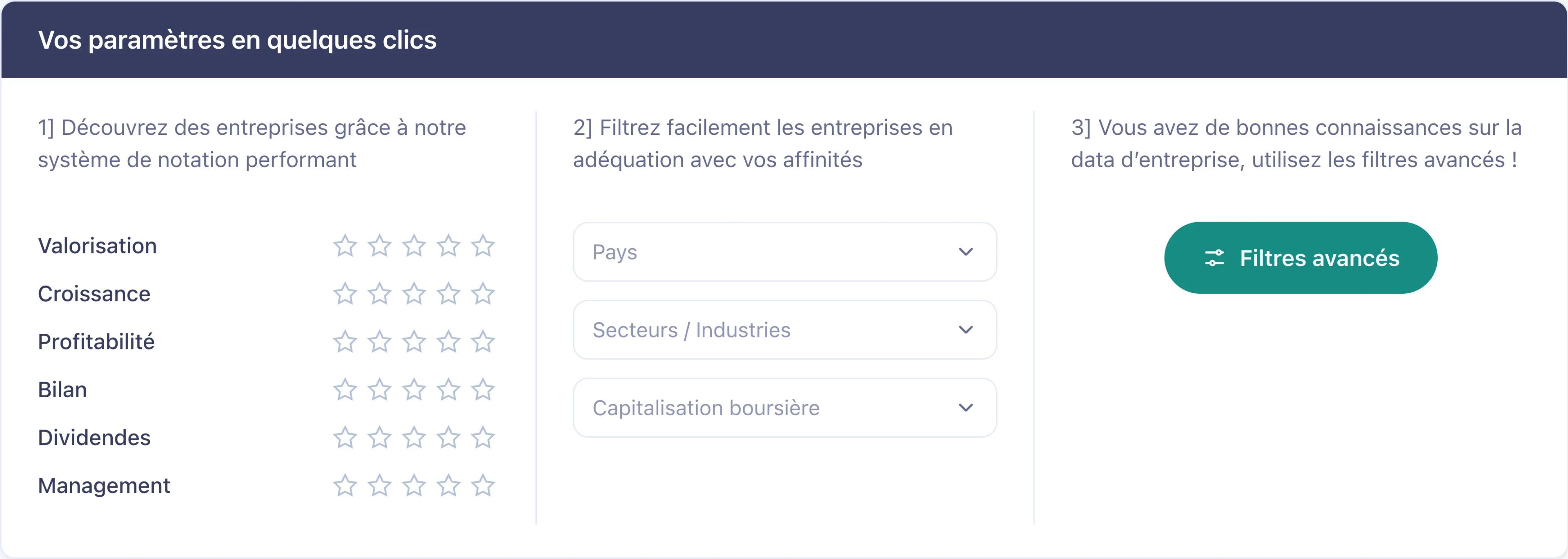 La carte des filtres : notation par étoiles, pays, secteurs et capitalisation