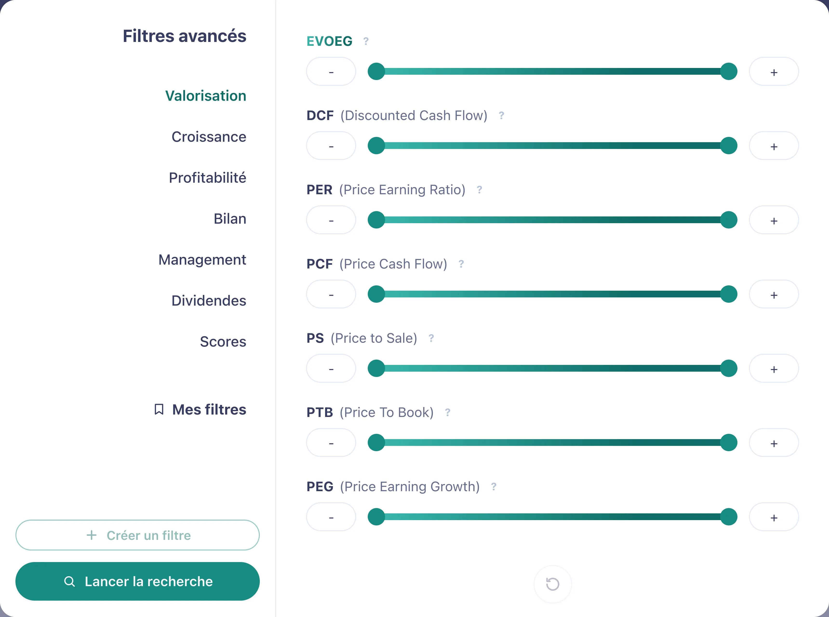 La fenêtre des filtres avancés du screener
