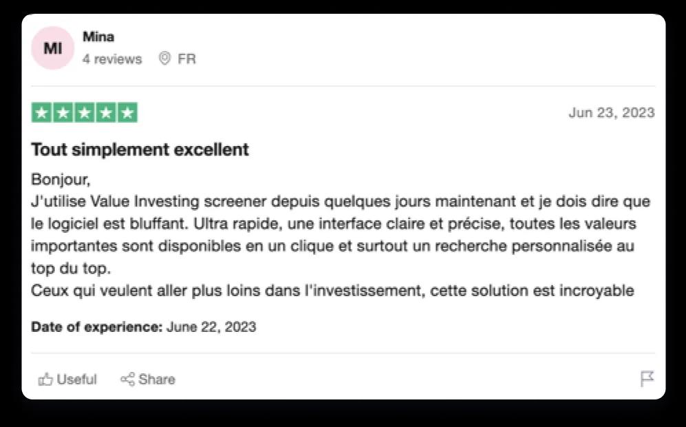 Avis Trustpilot d’un utilisateur de Value Investing Screener (4 sur 4)